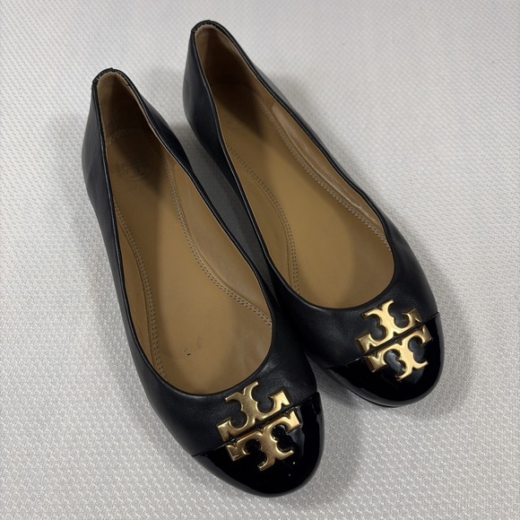 Tory Burch Shoes - Tory Burch Laura Ballet Gold Double T Logo.Size 6.5 Black Shoes